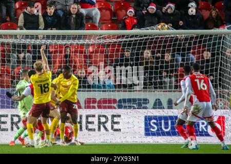Rotherham, UK. 14th Dec, 2024. Rotherham United's André Green strikes to score Rotherhams 3rd goal in the EFL League One Rotherham United v Northampton Town Credit: Clive Stapleton/Alamy Live News Stock Photo