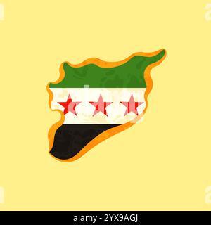 Map of Syria colored with the flag and marked with a golden line in grunge vintage style. Stock Vector