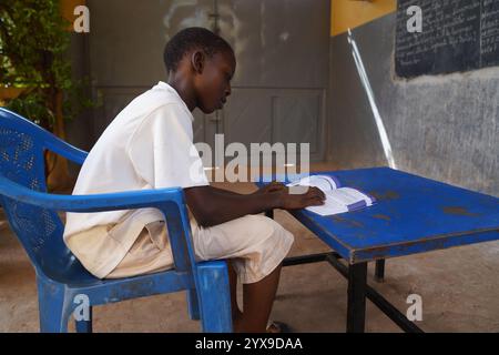 West African schoolboy in classroom browsing his text book Stock Photo