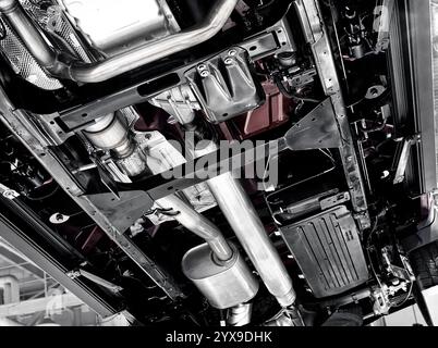 2017 Chevrolet Silverado 1500 Pickup Truck bottom underside showing transmission, drive shaft, exhaust and other system details Stock Photo