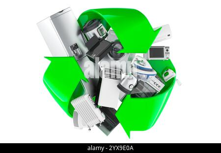 Recycling household appliances, concept. Household, kitchen and domestic appliance with recycle symbol. 3D rendering isolated on white background Stock Photo