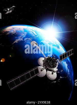 Communication satellites above Earth lit by the rising Sun. Space internet and telecommunications concept. Photorealistic 3D illustration. Stock Photo