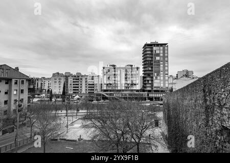 Girona, Catalonia, Spain - FEB 12, 2022: Ancient city walls of Girona, one of the most complete city walls in Europe. Stock Photo