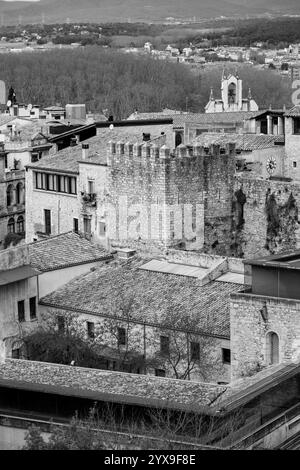 Girona, Catalonia, Spain - FEB 12, 2022: Ancient city walls of Girona, one of the most complete city walls in Europe. Stock Photo