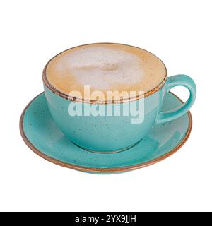 A cup of cappuccino in a turquoise cup and saucer. Coffee with milk Stock Photo