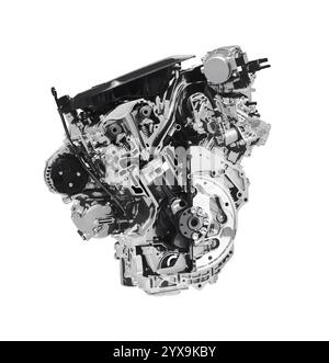 Stylized photo illustration pf a Cross section of 2017 Buick Lacrosse 3.6L V6 VVT DI 310HP car engine showing the cylinder, piston and valves isolated Stock Photo