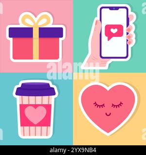 Set of sty. Valentines day. Cute holiday elements. Vector illustration in flat style. Stock Vector