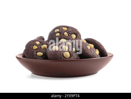 Tasty chocolate cookies with hazelnuts in bowl isolated on white Stock Photo