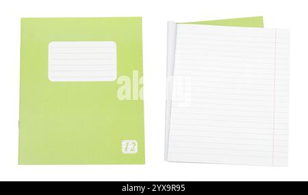 Open and closed notebook on white background. School stationery Stock Photo