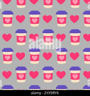 Pattern glass of coffee and heart. Valentines day. Vector illustration in flat style Stock Vector