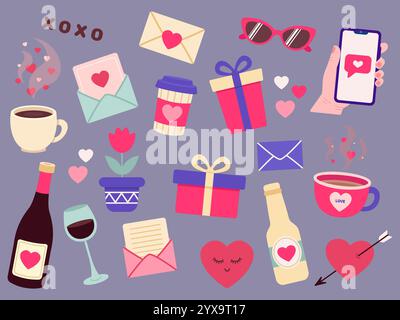 Set of illustrations. Valentines day. Cute holiday elements. Vector illustration in flat style. Stock Vector