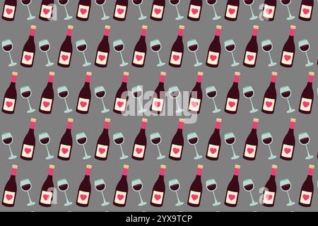Pattern wine and glass. Valentines day. Vector illustration in flat style Stock Vector
