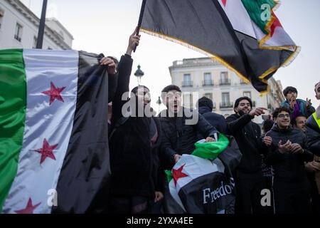 Madrid, Spain. 14th Dec, 2024. Protesters raise Syrian flags during a rally. Syrian residents in Madrid have gathered in Puerta del Sol to celebrate the fall and end of the government of President Bashar al-Assad in the Arab country. Credit: SOPA Images Limited/Alamy Live News Stock Photo