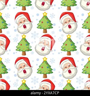 Santa faces and decorated Christmas trees pattern Stock Vector