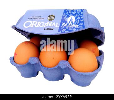 St Ewe original free range eggs in a box containing six class A large eggs Stock Photo