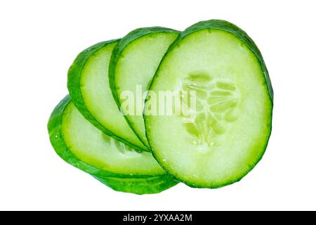Thinly sliced cucumber isolated on white Stock Photo