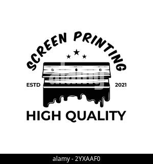 Vintage logo monochrome screen printing template with paint splashes isolated vector illustration Stock Vector