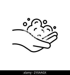 wash hands icon, foam soap on hand, thin line web symbol on white background Stock Vector