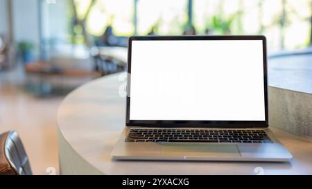 Workspace background new project on laptop computer with blank copy space screen for your advertising text message. Laptop with blank screen and place Stock Photo