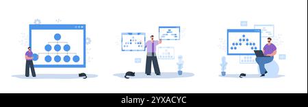 Sitemap Creation concept. Set of Vector illustrations. Website SEO management. Male Developers organizes site structure. Search optimization Stock Vector