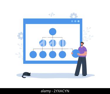 Sitemap Creation concept. Website navigation for the user. Male Developer creation Strategy. Workflow Process. Flowchart UI UX. Vector illustration in Stock Vector