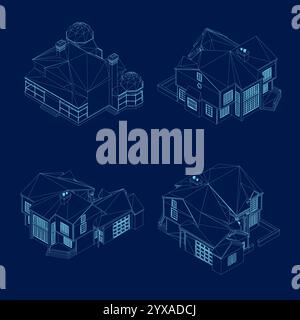 Isometric set of contour house. Various types of views. Vector illustration Stock Vector