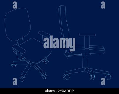 Contour Office chair isometric and side view. Vector minimal office chairs angle view isolated on blue background, vector illustration Stock Vector