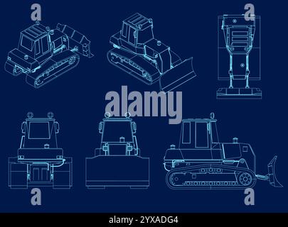 A large set of construction equipment in blue. Special machines for the building work. Tractors, bulldozers, dump trucks. Vector illustration Stock Vector