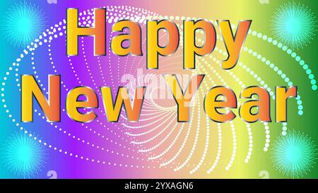 Happy new year orange text and celebration background with starburst and blast lights Stock Vector