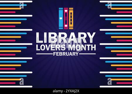 Library Lovers Month February wallpaper with shapes and typography, banner, card, poster, template. Library Lovers Month February, Modern background Stock Vector