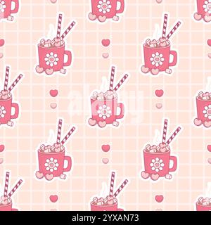 Seamless pattern with Festive cup with Hot Cocoa with Marshmallows on checkered light background with hearts. Vector illustration. Holiday sweet drink Stock Vector