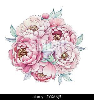 A bouquet of peonies in various stages of bloom showcases their intricate petals and vibrant colors, radiating springtime charm and elegance Stock Vector