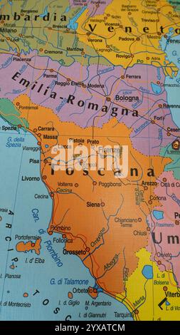 A map of part of political Italy, with Tuscany, the islands and the bordering regions. Stock Photo
