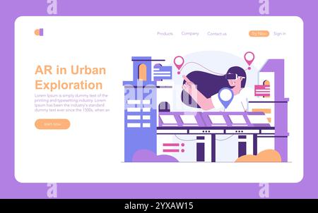 Immersive Reality concept. Vector illustration of a person using AR glasses for urban exploration, engaging with digital overlay on city landscape. Stock Vector