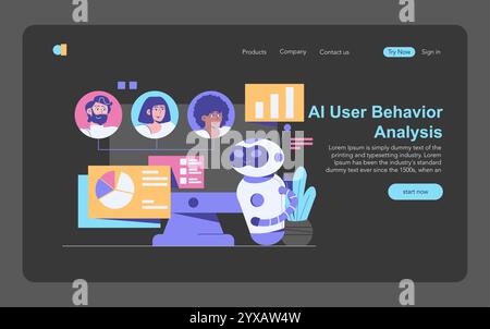 AI Cybersecurity concept. Robot analyzing digital user behavior profiled data. Enhanced protection, forecasting threats, and securing networks. Vector illustration. Stock Vector