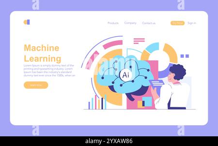 Data Science concept. An illustration featuring a person engaging with a brain-shaped AI interface, indicating machine learning. Analytics and futuristic technology. Vector illustration. Stock Vector
