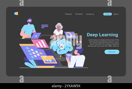 Data Science concept. A diverse team collaborates on AI and machine learning projects on a website interface. Neural network analysis. Vector illustration. Stock Vector