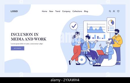 Inclusion in media and work concept. Collaborative workspace with diverse employees engaging in teamwork. Workplace accessibility and equal opportunity. Vector illustration. Stock Vector