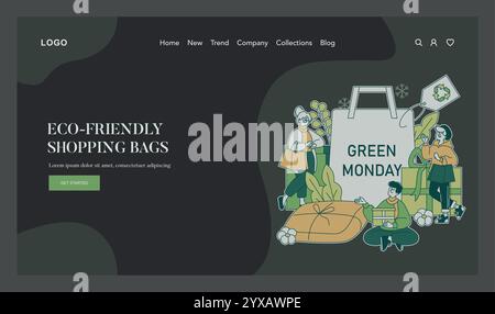 Green Monday concept. Shoppers using reusable bags to promote eco-friendly practices. Encouraging sustainable consumer habits and environmental awareness. Vector illustration. Stock Vector