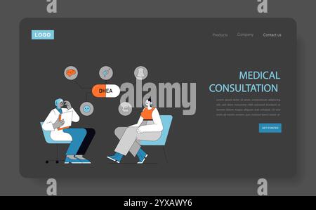 DHEA supplement concept. A doctor discusses the benefits and uses of DHEA with a patient amid health-related icons. Vector illustration. Stock Vector