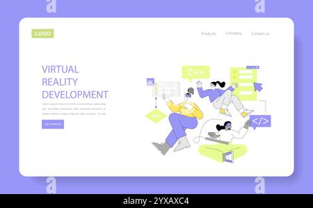 Women in technology concept. A diverse team collaborates on virtual reality software development, coding, and design. Digital innovation in action. Vector illustration. Stock Vector