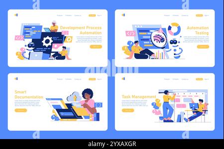 Development automation set. Digital interface showcasing automated processes. Efficient teamwork, smart documentation, and task management. Vector illustration. Stock Vector