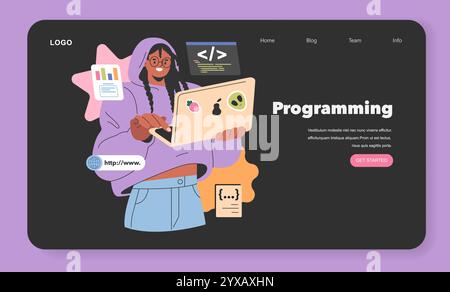 Gen Z Hobbies concept. A young woman coding on her laptop, embedded in a stylish webpage layout. Tech-savvy youth engaging in modern programming skills. Vector illustration. Stock Vector