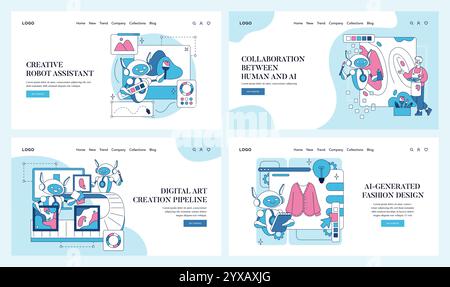 Automation in creativity set. Robots designing clothes, creating art ...