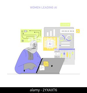 Women in Tech concept. A female programmer works on AI development, exemplifying diversity in technology fields. Vector illustration. Stock Vector