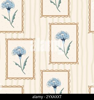Indian chintz seamless pattern. Modern flower in vintage retro frame endless background. Floral repeat cover. Farmhouse continuous ornament with wildf Stock Vector