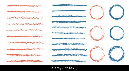 Lines and circle frames crayon set. Chalk brush stroke scribble isolated on white background. Underline pencil elements. Strikethrough textured grunge Stock Vector