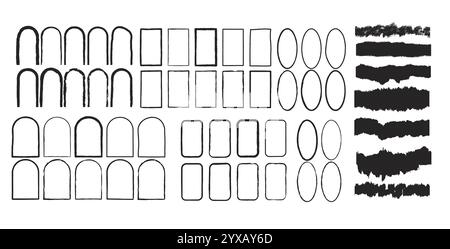 Grunge frames set. Ellipse, rectangle and arch shapes modern black. Vector hand drawn collection illustration isolated on white background. Stock Vector