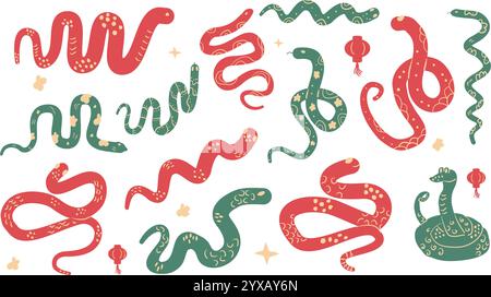 Green snake Chinese New Years symbol set. Cny zodiac snake lunar 2025 collection isolated on white background. Vector hand drawn flat illustration Stock Vector