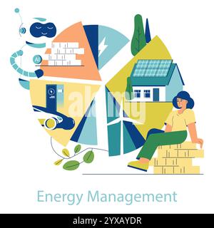 Electrification concept. Home powered by renewable energy with solar panels and wind turbine. Integration of AI, electric vehicle in smart energy systems. Vector illustration. Stock Vector